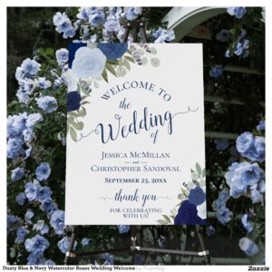 Dusty Blue & Navy Watercolor Roses Wedding Welcome Foam Board