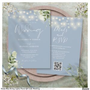 Dusty Blue String Lights Floral QR Code Wedding Invitation