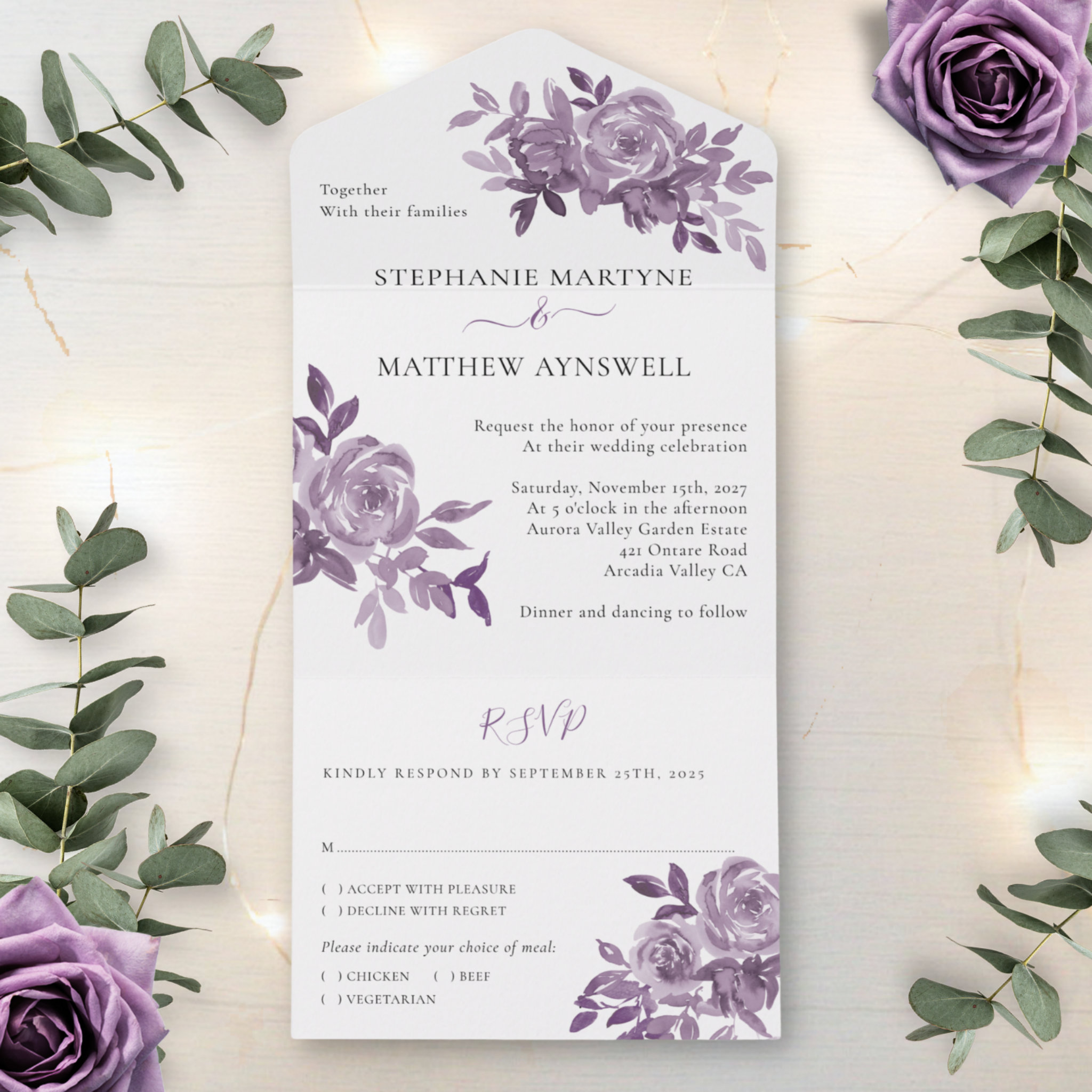 Dusty Mauve Floral Roses Foliage Wedding All In One Invitation