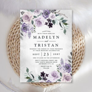 Dusty Purple and Silver Gray Floral Rustic Wedding Invitation