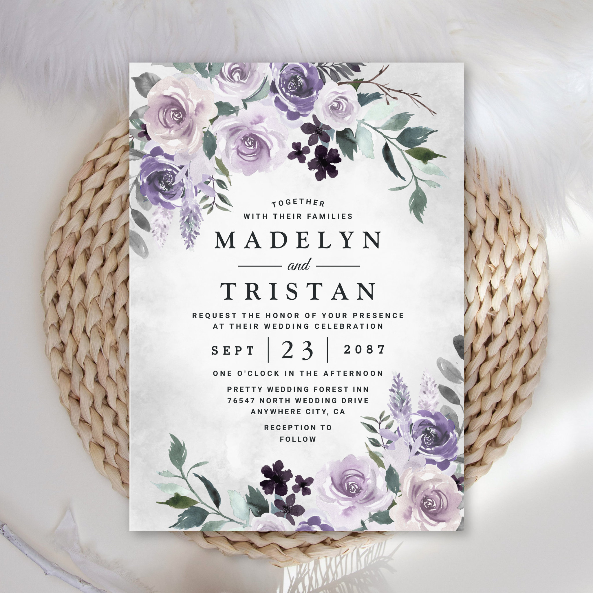 Dusty Purple and Silver Gray Floral Rustic Wedding Invitation