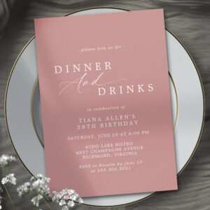 Dusty Rose Pink   Modern Adult Birthday Dinner Invitation