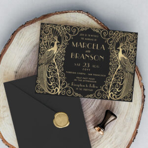 Elegant Art Deco Peacocks Wedding Gold on Black Invitation