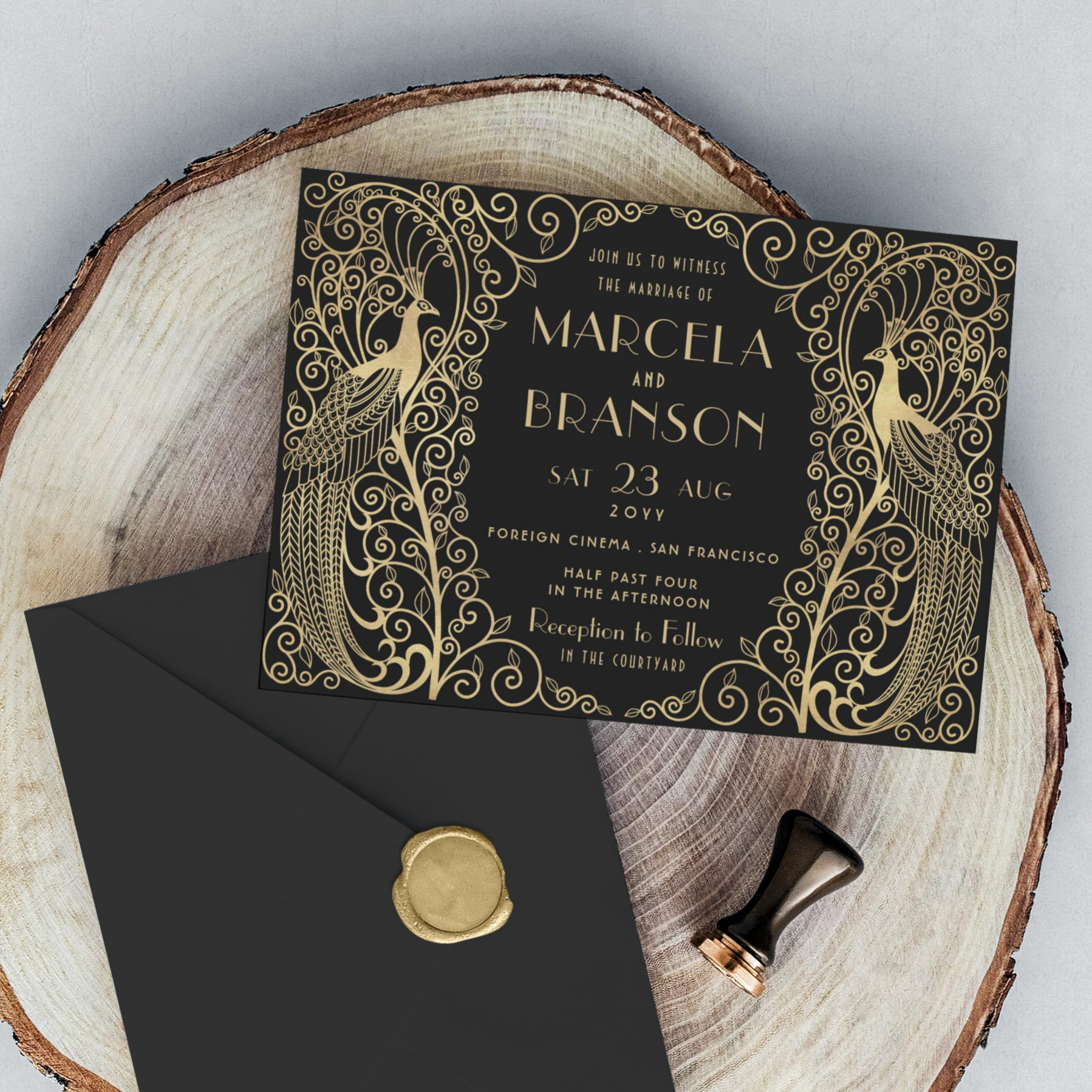 Elegant Art Deco Peacocks Wedding Gold on Black Invitation