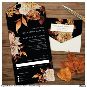 Elegant Autumn Watercolor Floral + Black Wedding All In One Invitation