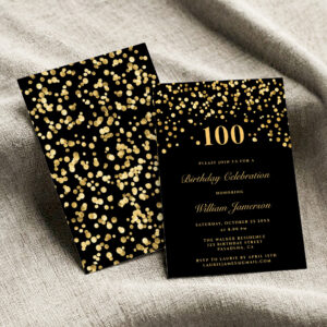 Elegant Black And Gold Confetti 100h Birthday Invitation