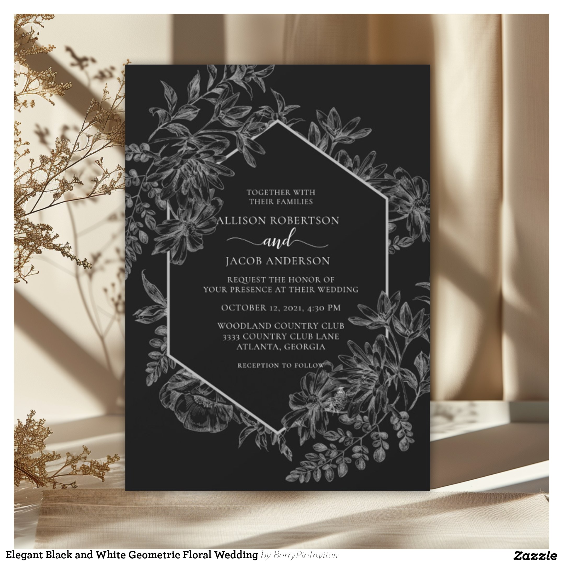 Elegant Black and White Geometric Floral Wedding Invitation