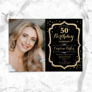 Elegant Black Gold Photo 50th Birthday Invitation