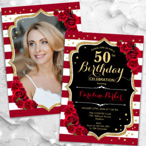 Elegant Black Gold Red Roses Photo 50th Birthday Invitation