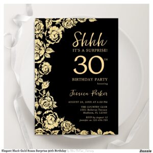 Elegant Black Gold Roses Surprise 30th Birthday Invitation