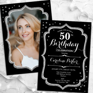 Elegant Black Silver Photo 50th Birthday Invitation