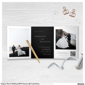 Elegant Black Wedding RSVP Details QR Code Photo Tri-Fold Invitation