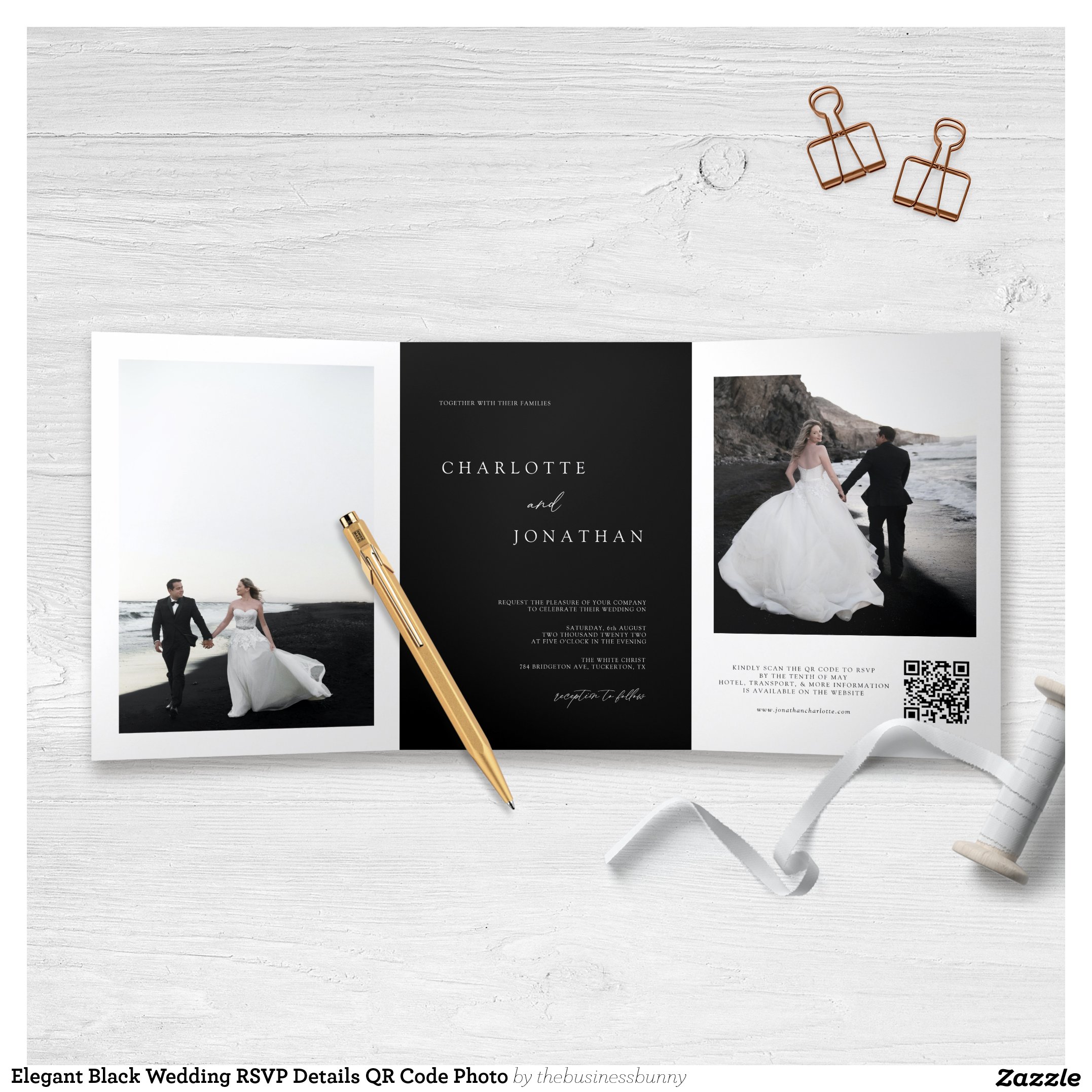 Elegant Black Wedding RSVP Details QR Code Photo Tri-Fold Invitation