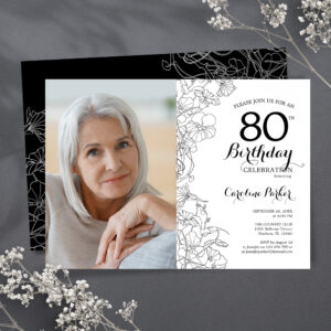 Elegant Black White Floral Photo 80th Birthday Invitation