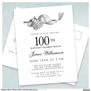 Elegant Black White Golf 100th Birthday Party  Invitation Postcard