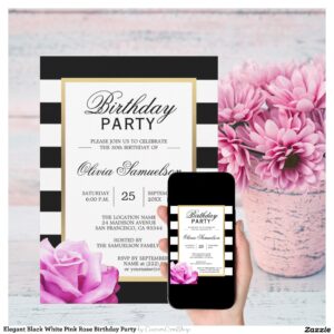 Elegant Black White Pink Rose Birthday Party Invitation