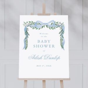 Elegant Blue Bow Greenery Boy Baby Shower Welcome Foam Board