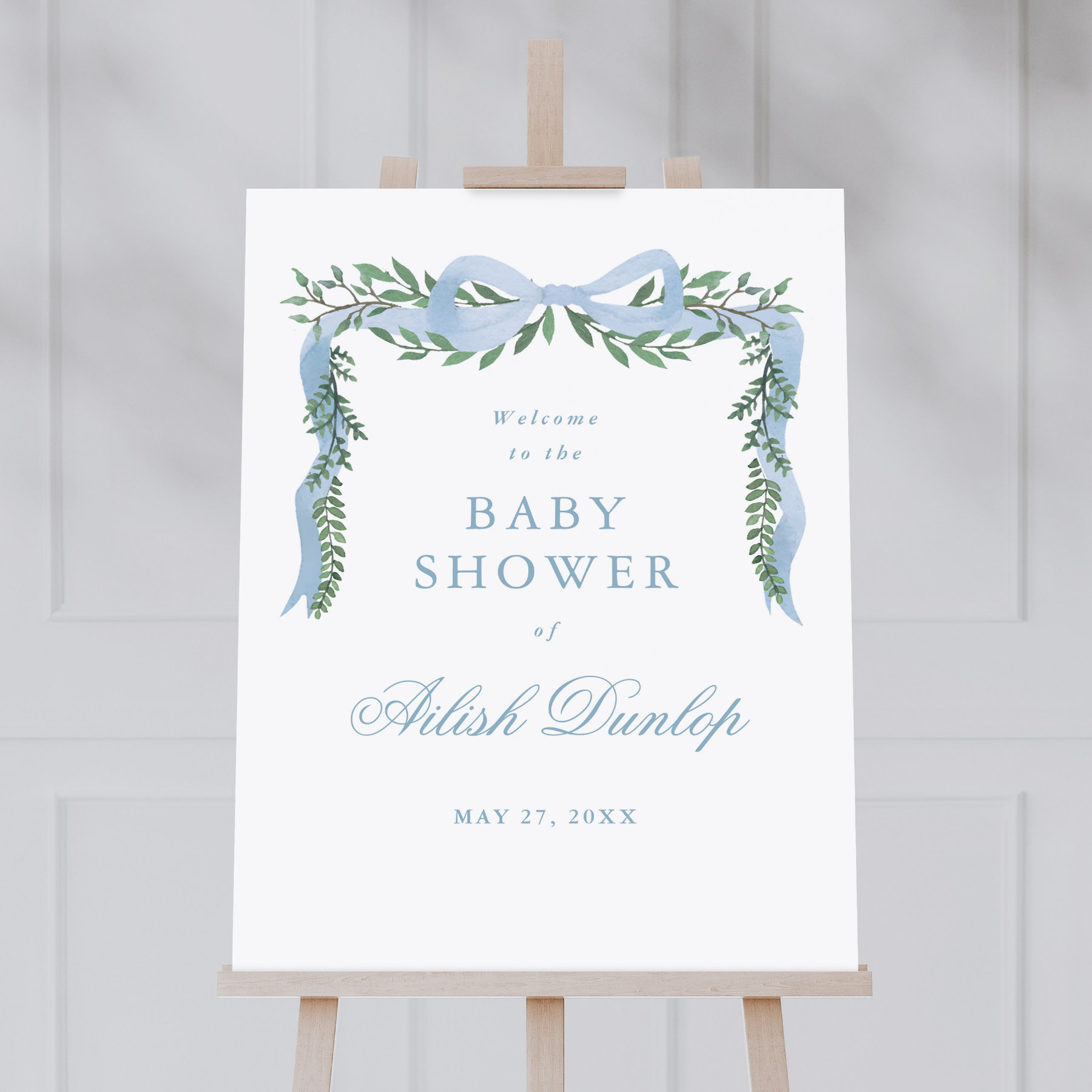 Elegant Blue Bow Greenery Boy Baby Shower Welcome Foam Board