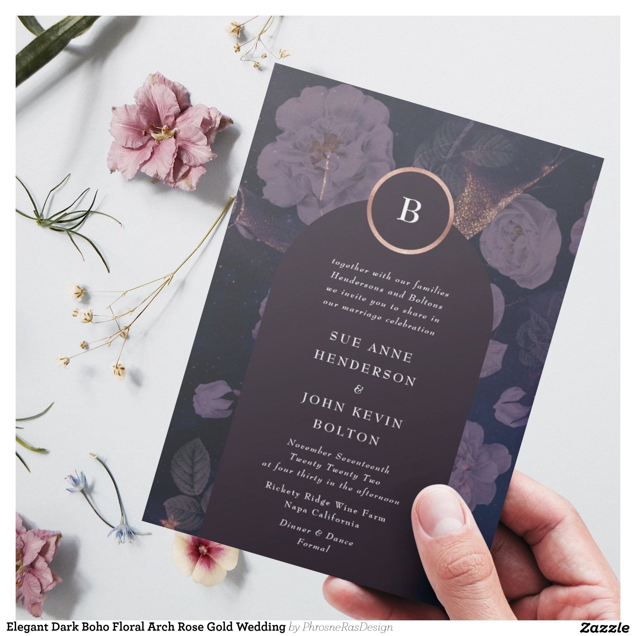 Elegant Dark Boho Floral Arch Rose Gold Wedding Invitation