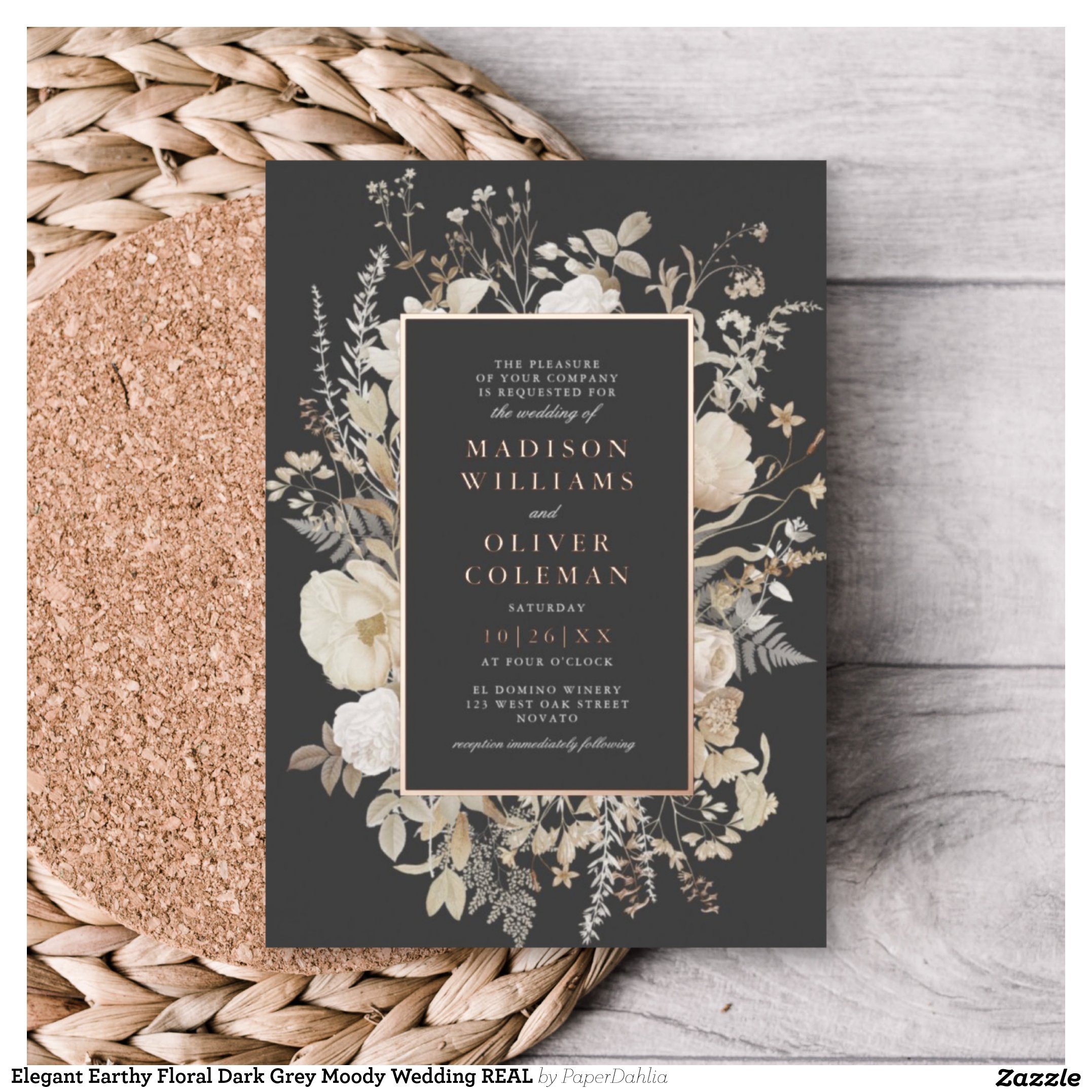 Elegant Earthy Floral Dark Grey Moody Wedding REAL Foil Invitation