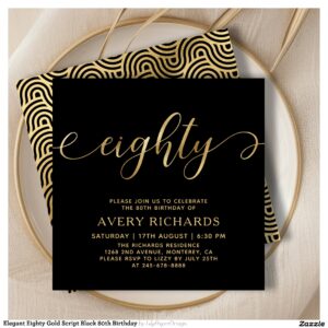 Elegant Eighty Gold Script Black 80th Birthday Invitation