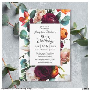 Elegant Fall Floral 90th Birthday Party Invitation