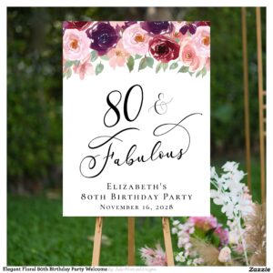 Elegant Floral 80th Birthday Party Welcome Foam Board