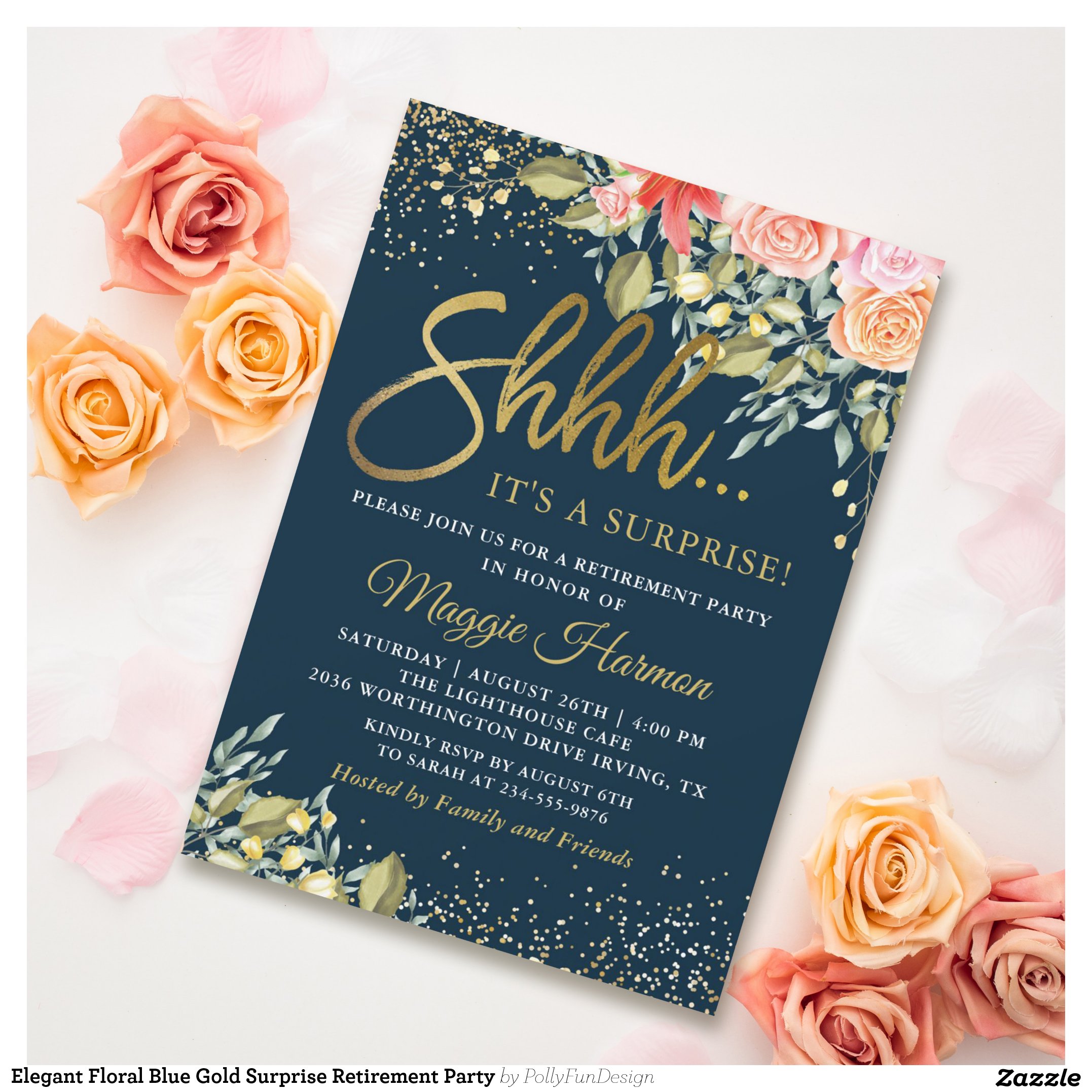 Elegant Floral Blue Gold Surprise Retirement Party Invitation
