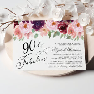 Elegant Floral Burgundy Pink 90th Birthday Party Invitation