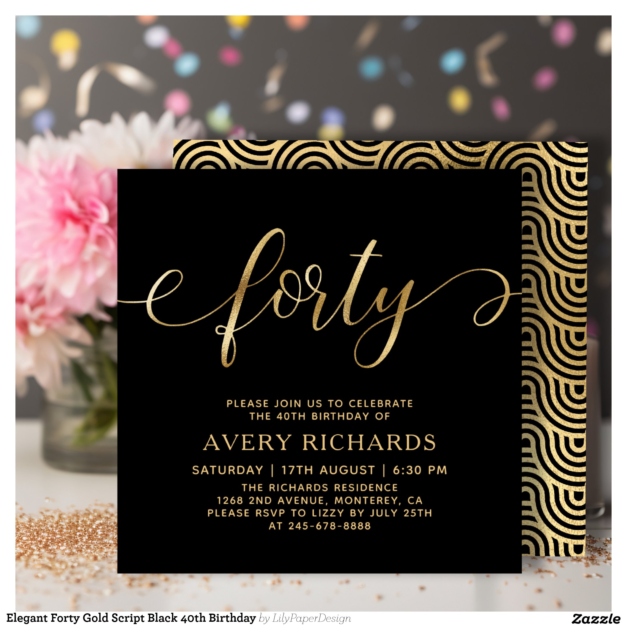 Elegant Forty Gold Script Black 40th Birthday Invitation