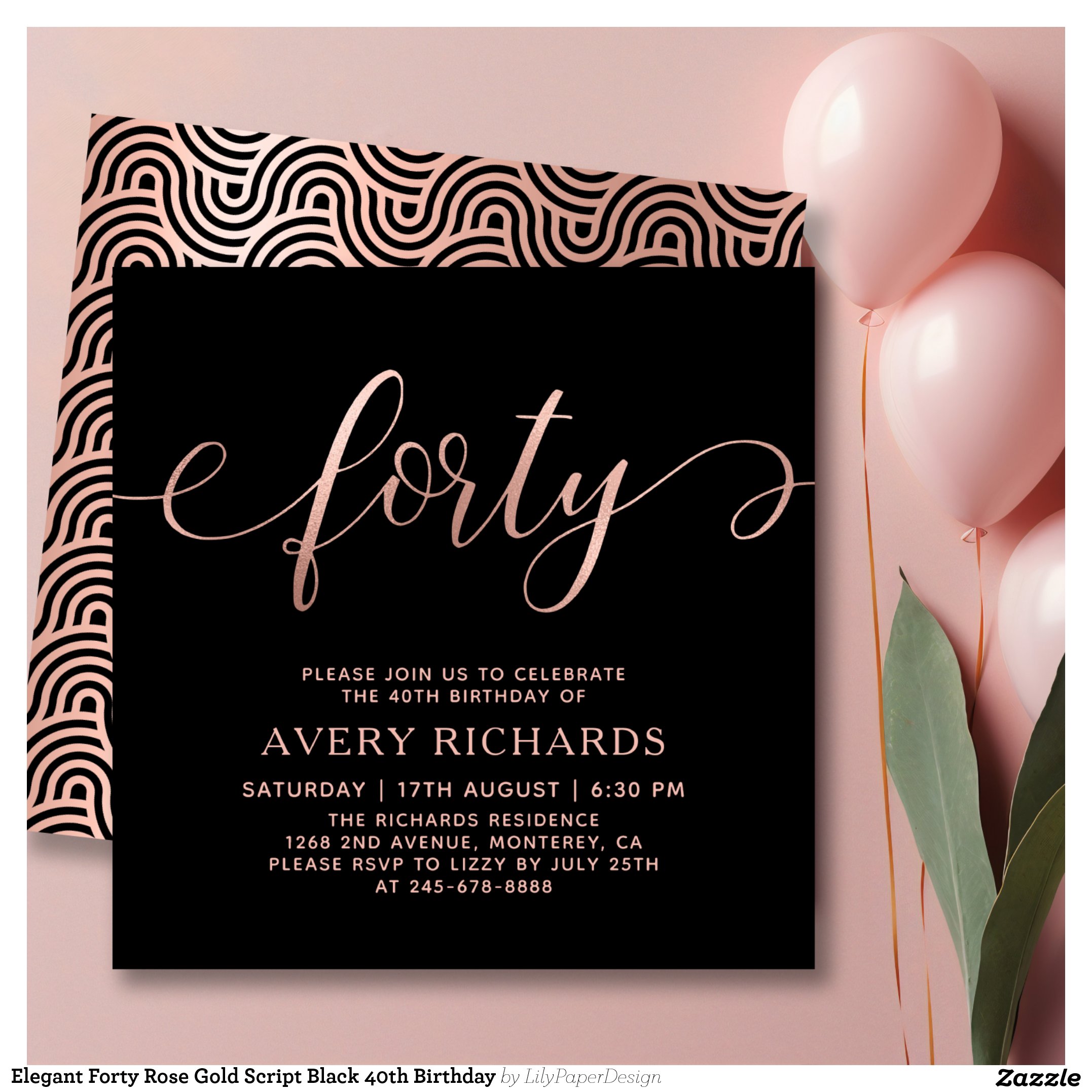 Elegant Forty Rose Gold Script Black 40th Birthday Invitation