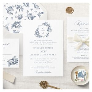 Elegant French Roses Floral Blue Crest Wedding Invitation