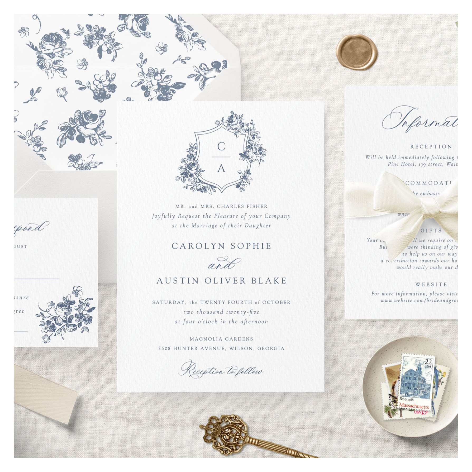 Elegant French Roses Floral Blue Crest Wedding Invitation