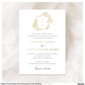 Elegant French Roses Floral Monogram Crest Wedding Foil Invitation