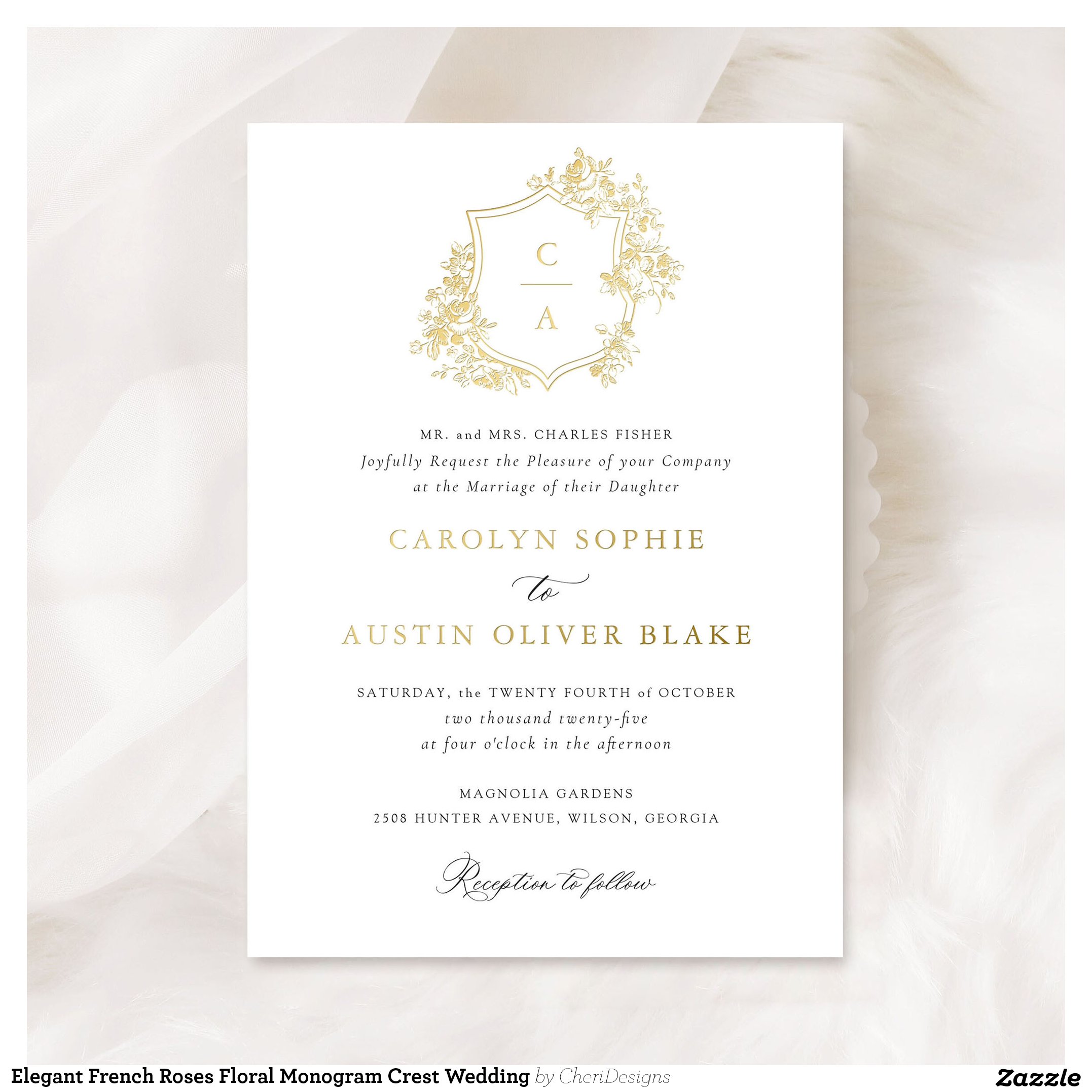 Elegant French Roses Floral Monogram Crest Wedding Foil Invitation