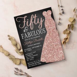Elegant Glitter Dress   Fifty & Fabulous Birthday Invitation
