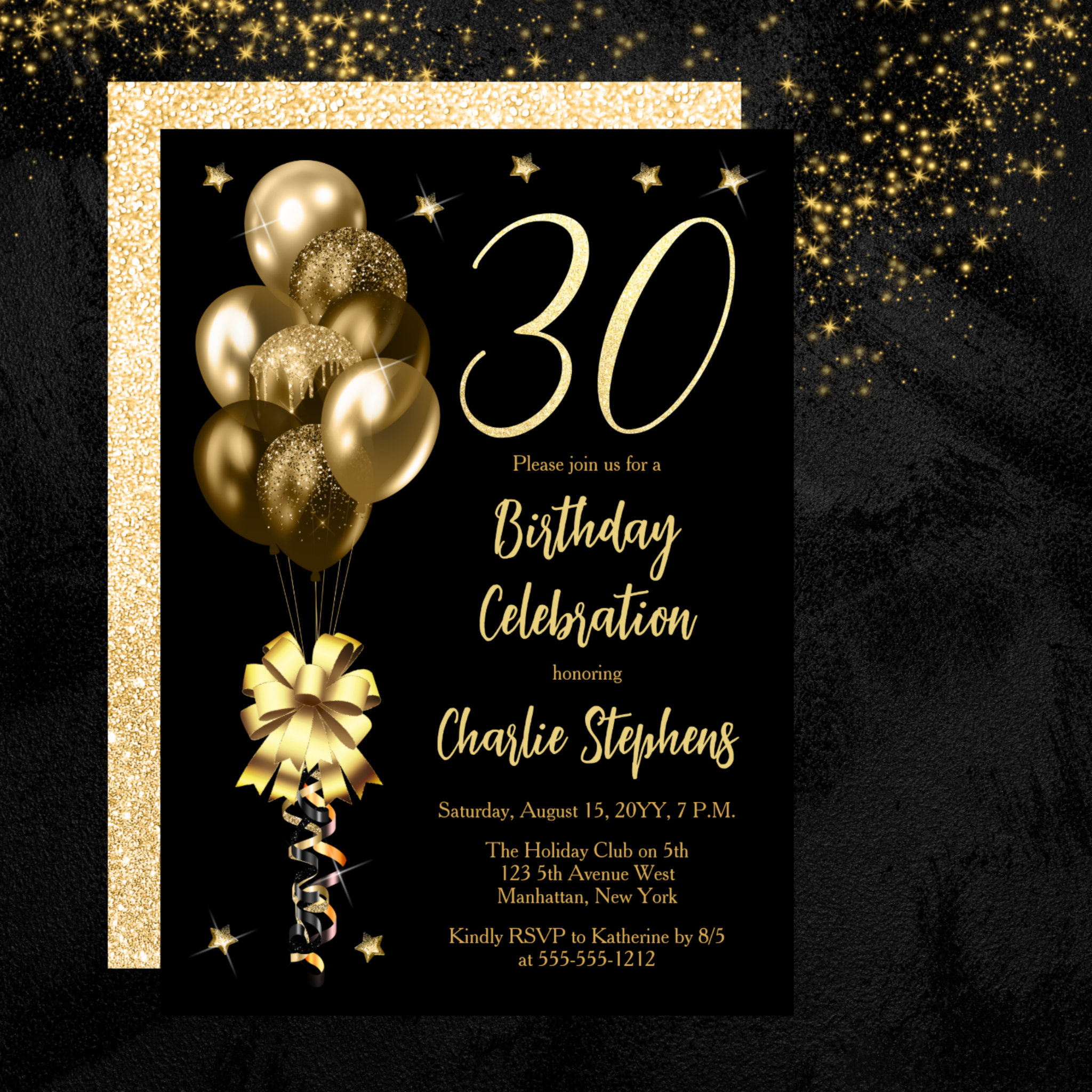 Elegant Gold Balloons on Black 30th Birthday Party Invitation