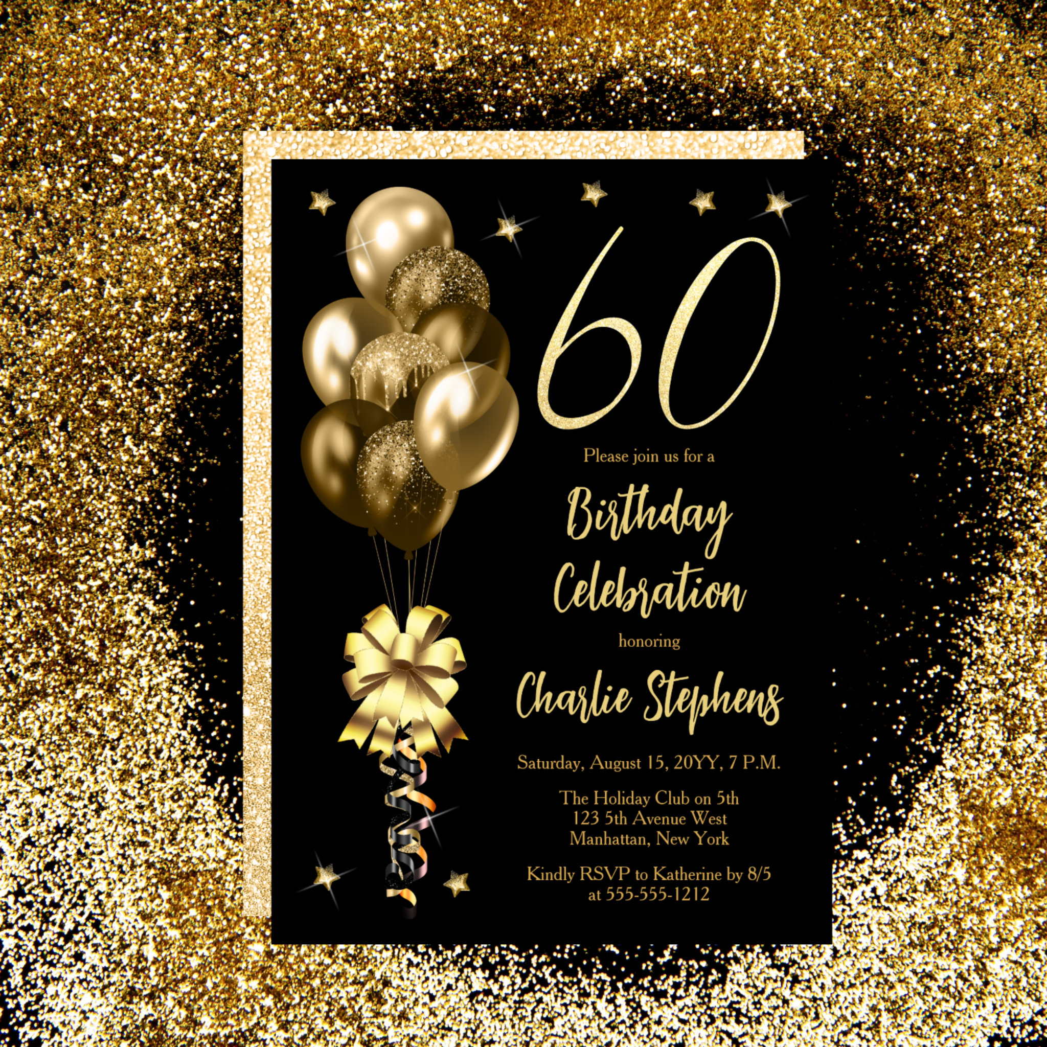Elegant Gold Balloons on Black 60th Birthday Party Invitation