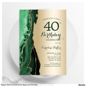 Elegant Gold Emerald Green Agate 40th Birthday Invitation