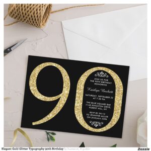 Elegant Gold Glitter Typography 90th Birthday Invitation