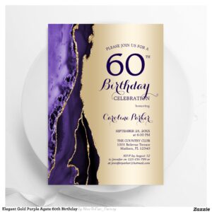 Elegant Gold Purple Agate 60th Birthday Invitation