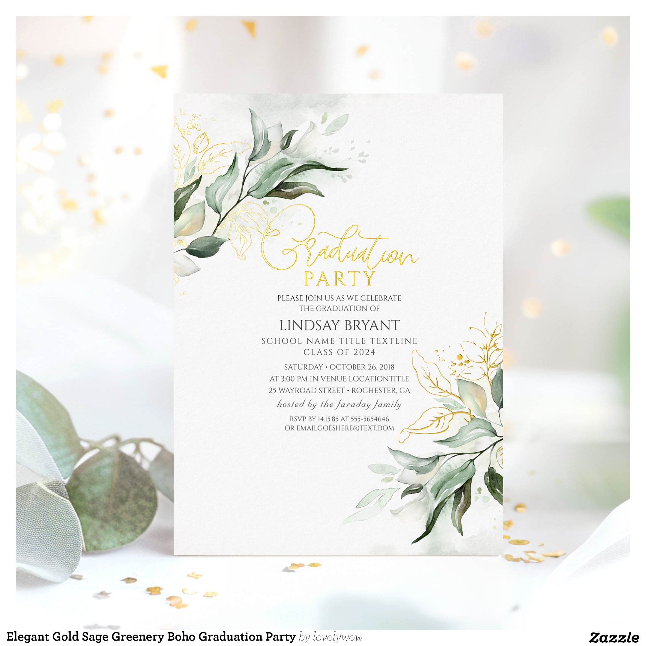 Elegant Gold Sage Greenery Boho Graduation Party Foil Invitation