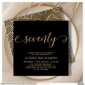 Elegant Gold Seventy Script Black 70th Birthday Invitation
