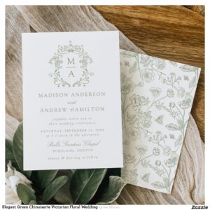 Elegant Green Chinoiserie Victorian Floral Wedding Invitation