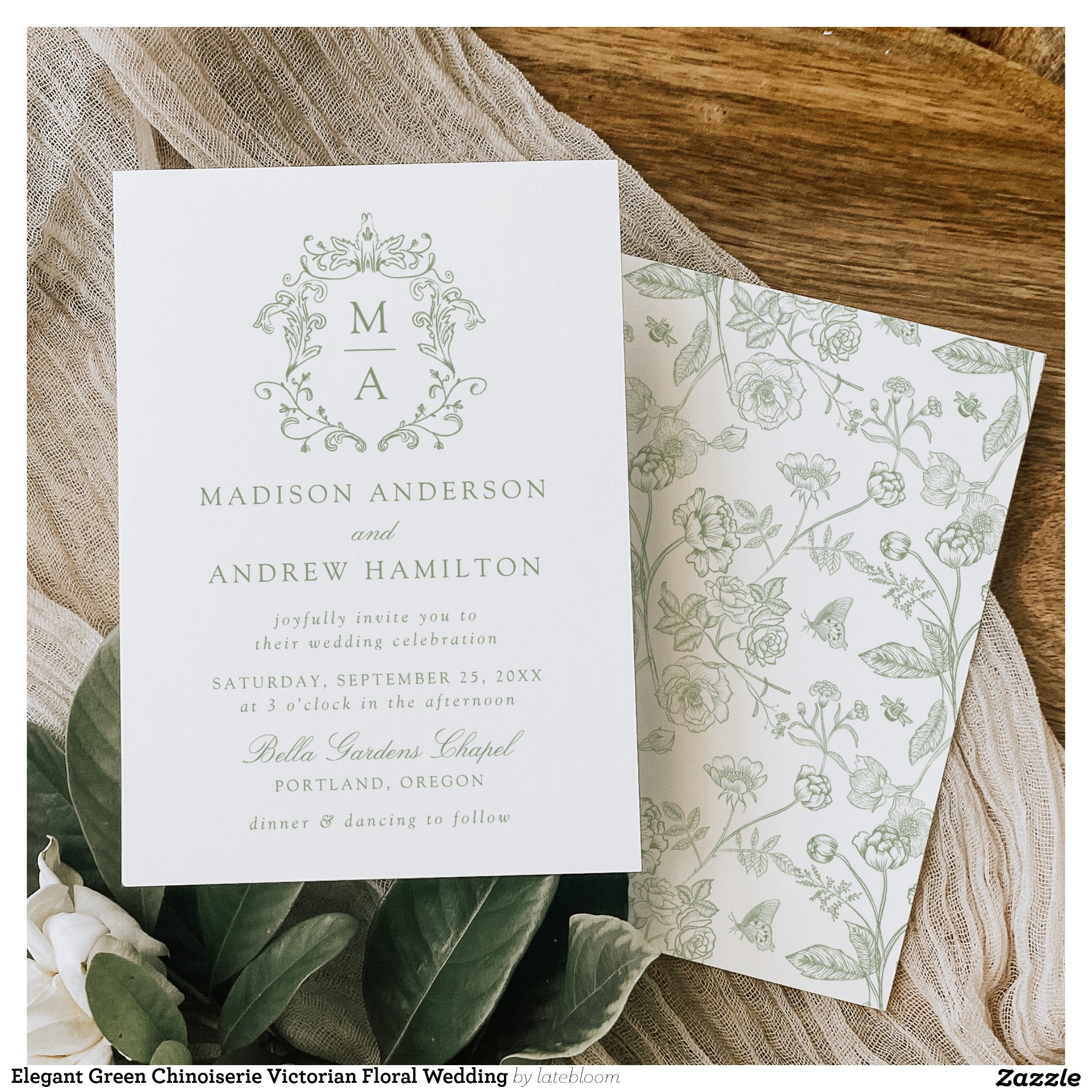 Elegant Green Chinoiserie Victorian Floral Wedding Invitation