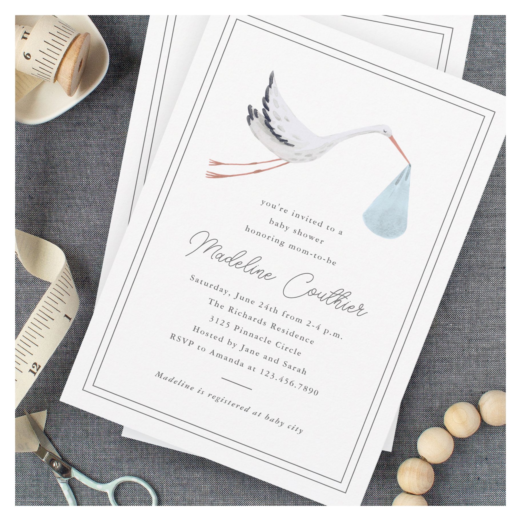 Elegant Hand Drawn Stork Boys Baby Shower Invitation