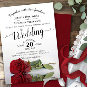 Elegant Long Stemmed Red Rose Romantic Wedding Invitation