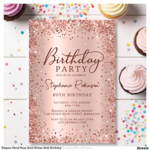 Elegant Metal Rose Gold Glitter 80th Birthday  Invitation