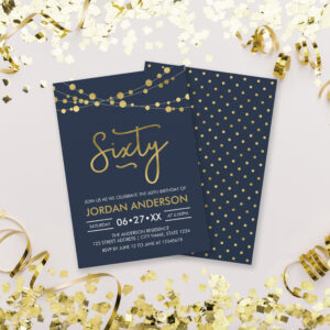 Elegant Modern Blue String of Lights 60th Birthday Invitation