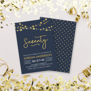 Elegant Modern Blue String of Lights 70th Birthday Invitation